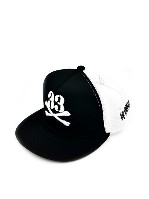 33 Symbols 33 Cross Bones Trucker Hat Flat Brim – White/Black